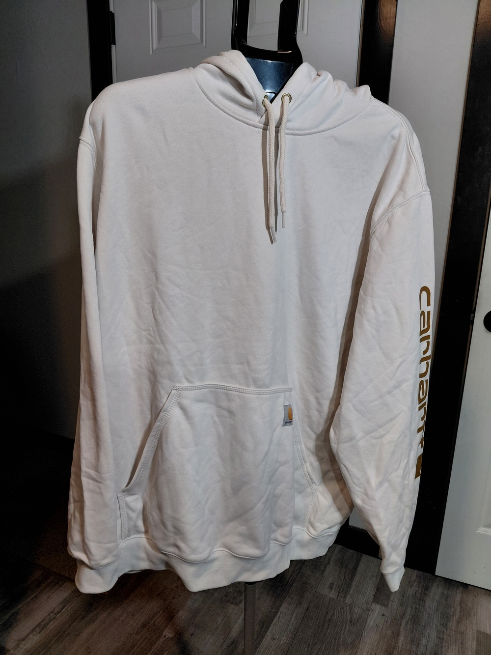NEW Carhartt Men Loose Fit Soft Cream, Gold Sleeve Logo, Hooded Sweatshirt SZ M